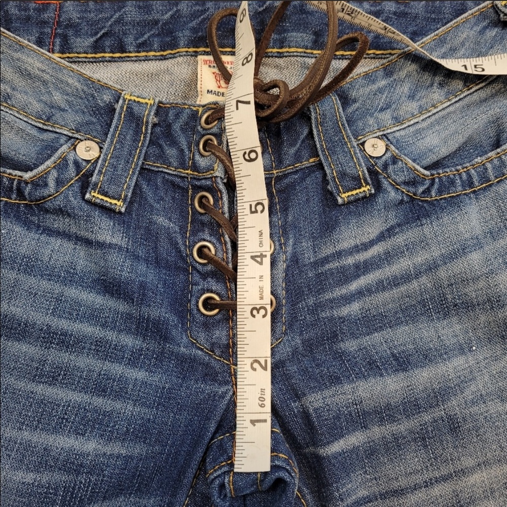 True Religion Blue Distressed Lace-Up Flare Jeans - Picture 9 of 12